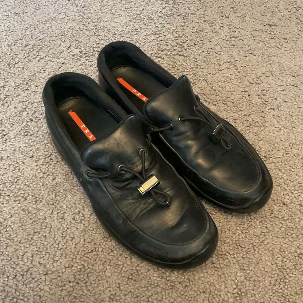 Prada Vintage Men's Black Leather Dress Shoes Loafers Calzature Casual Y2K sz 10